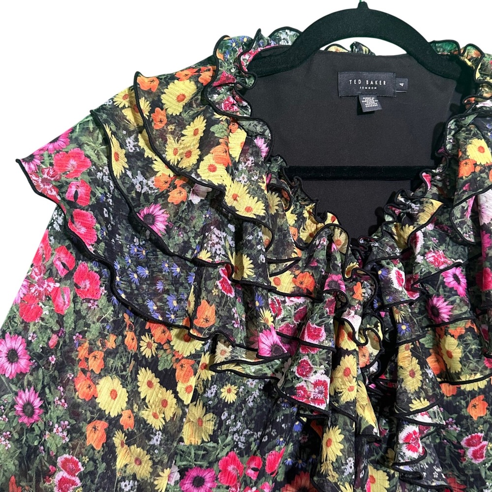 Ted Baker Amell Floral Ruffle Blouse Black Garden Print‎ Cottagecore Sz 4 US 10 - Picture 6 of 16